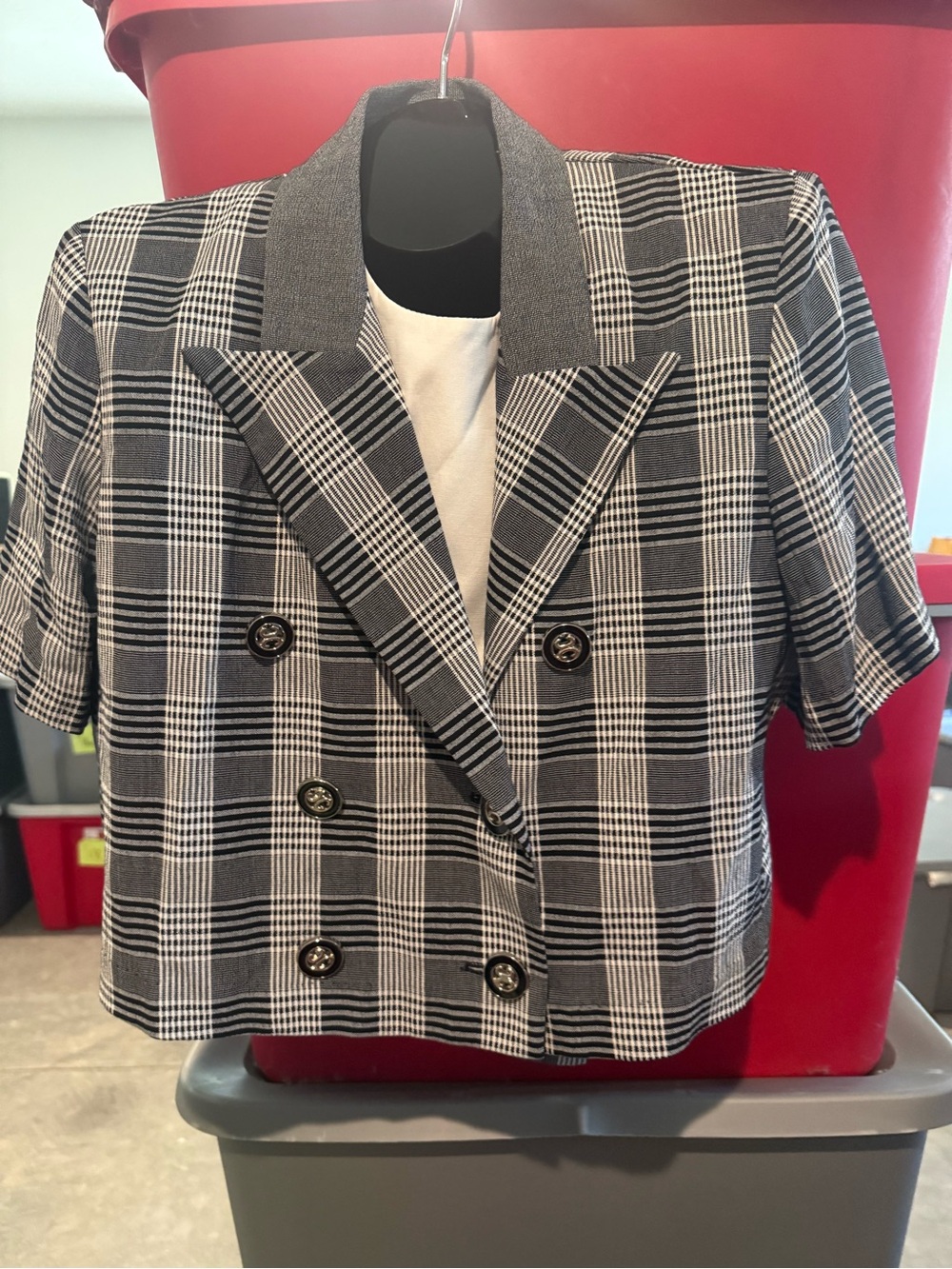Womens Black & White Plaid Short-Sleeve Blazer m50